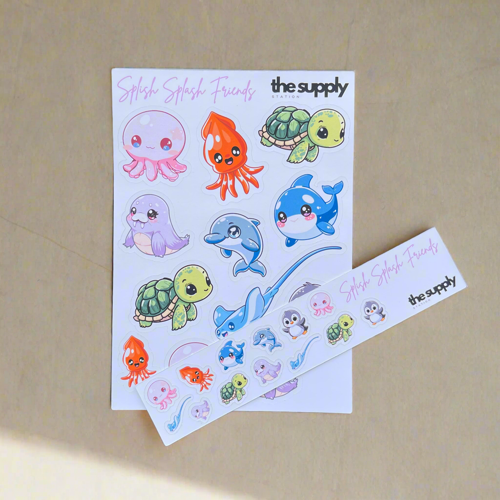 Splish Splash Friends Sticker Sheet – Kawaii Ocean-Themed Vinyl Stickers for Journaling & Crafts