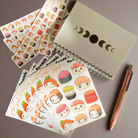 Sushi Squad Sticker Sheet – Kawaii Sushi Stickers for Planners, Journals & Crafts