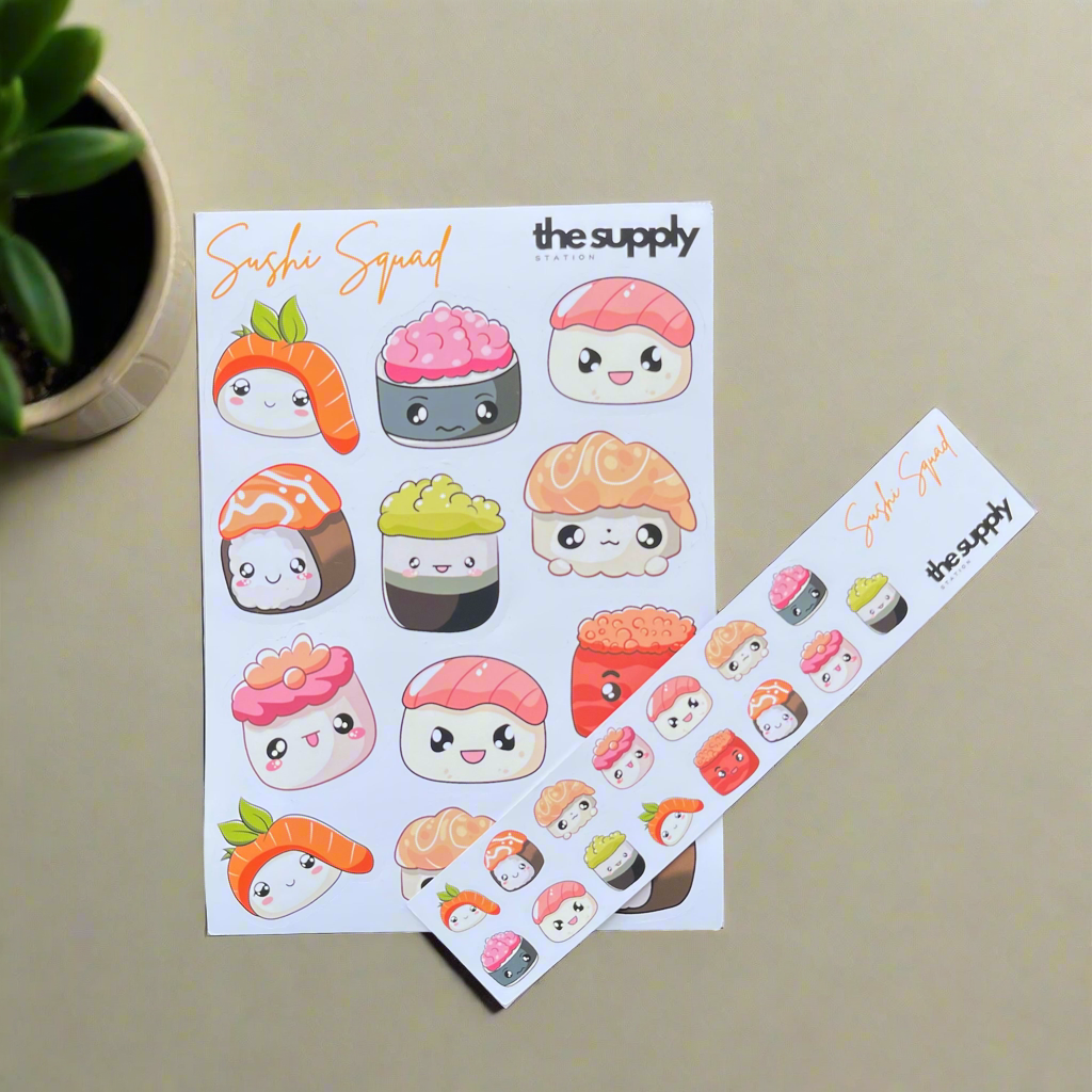 Sushi Squad Sticker Sheet – Kawaii Sushi Stickers for Planners, Journals & Crafts