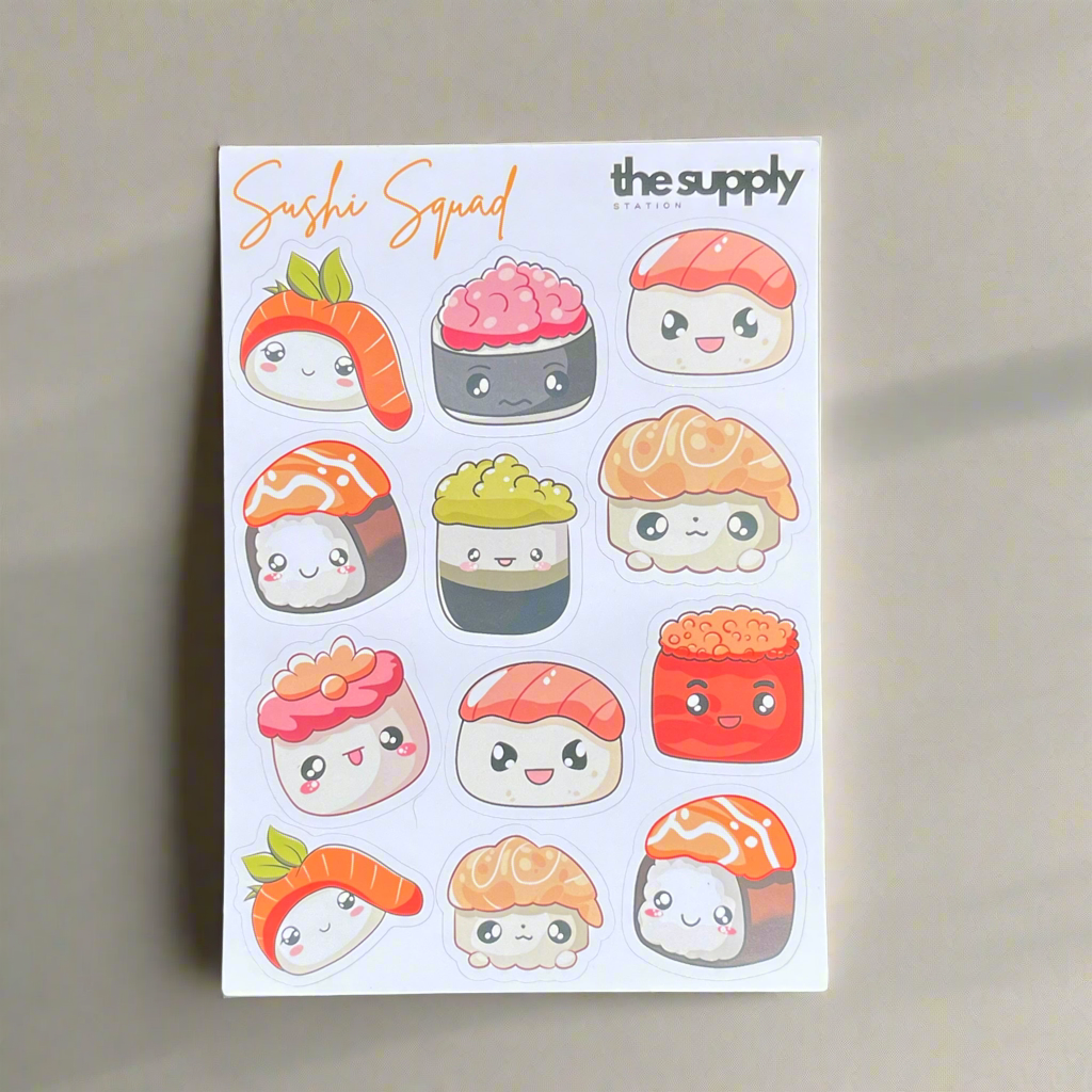Sushi Squad Sticker Sheet – Kawaii Sushi Stickers for Planners, Journals & Crafts