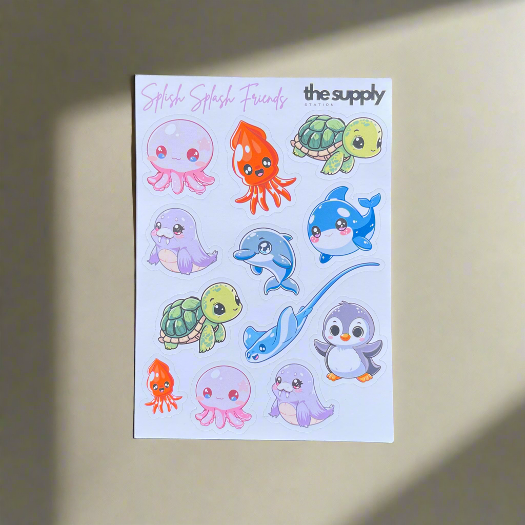 Splish Splash Friends Sticker Sheet – Kawaii Ocean-Themed Vinyl Stickers for Journaling & Crafts