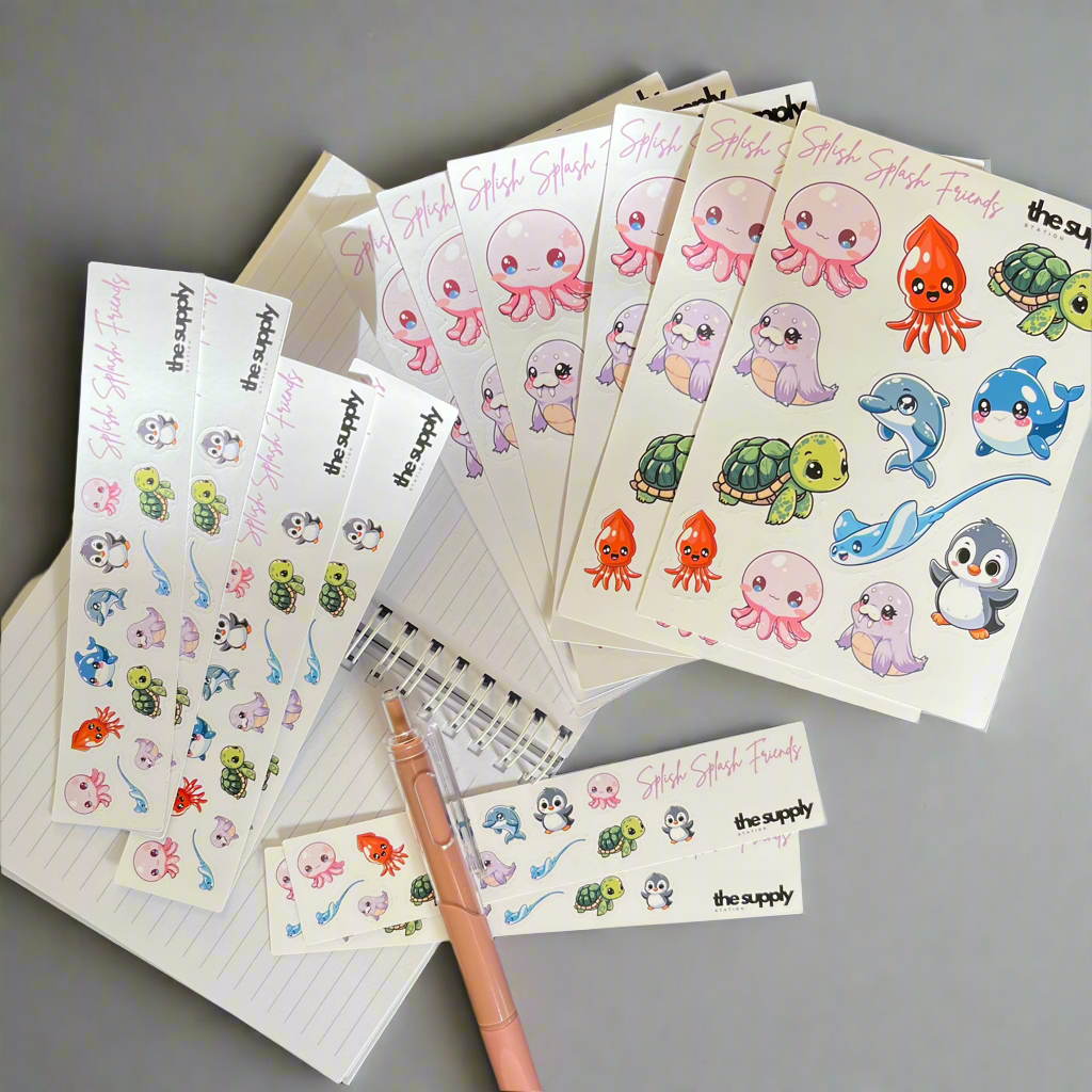 Splish Splash Friends Sticker Sheet – Kawaii Ocean-Themed Vinyl Stickers for Journaling & Crafts