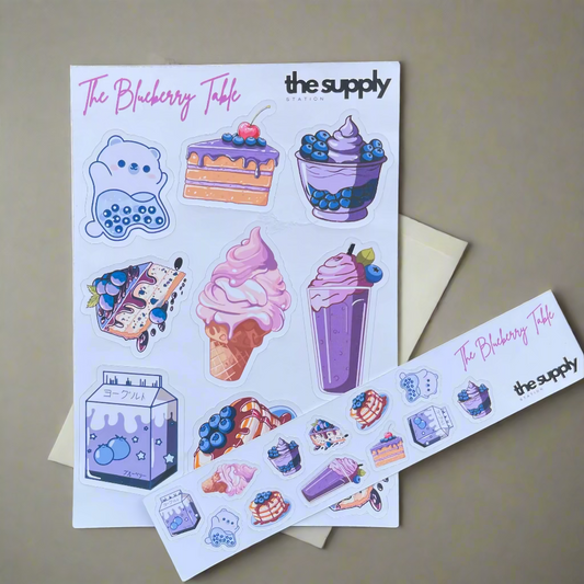 The Blueberry Table Sticker Sheet - Kawaii Dessert-Themed Stickers for Journaling & Crafts