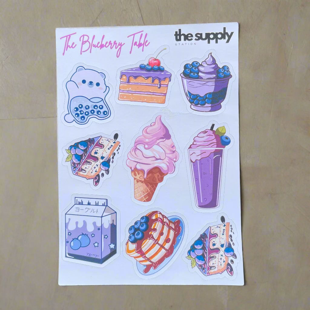 The Blueberry Table Sticker Sheet - Kawaii Dessert-Themed Stickers for Journaling & Crafts