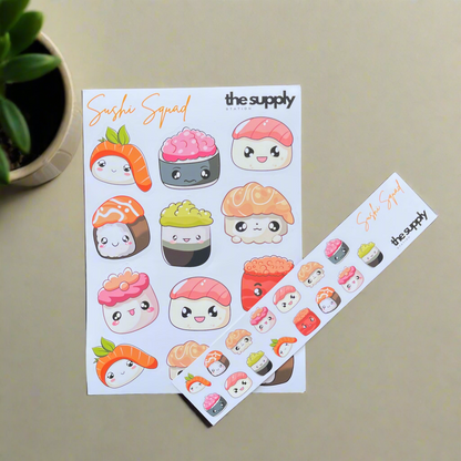 Sushi Squad Sticker Sheet – Kawaii Sushi Stickers for Planners, Journals & Crafts