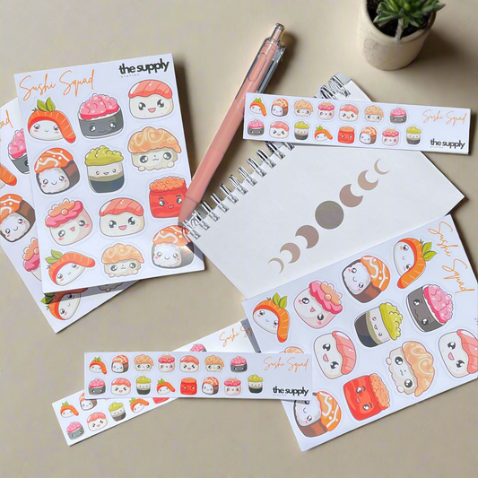 Sushi Squad Sticker Sheet – Kawaii Sushi Stickers for Planners, Journals & Crafts